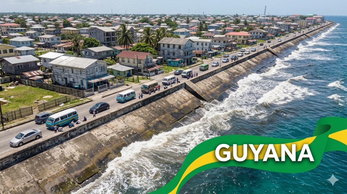 Flooded coastal road in Guyana