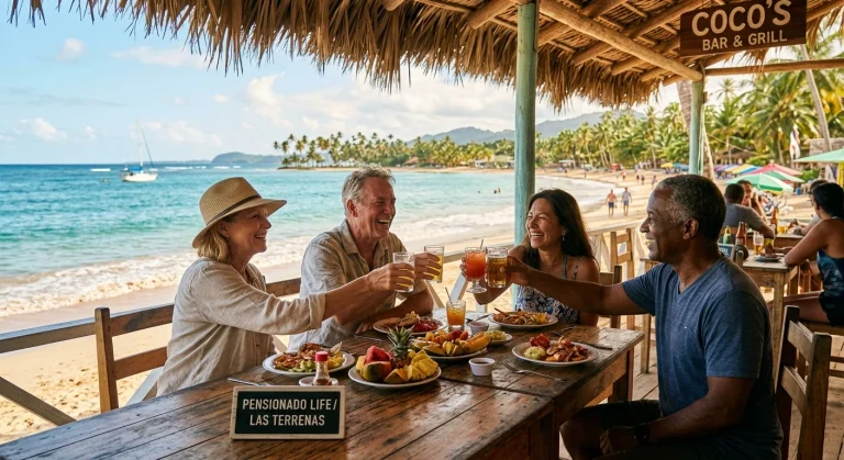 A diverse group of active, happy retirees enjoying a fresh seafood lunch and tropical drinks together at an open-air beachfront restaurant in Las Terrenas under a thatched palapa roof, with turquoise ocean waters, palm trees, and clear blue skies in the background.